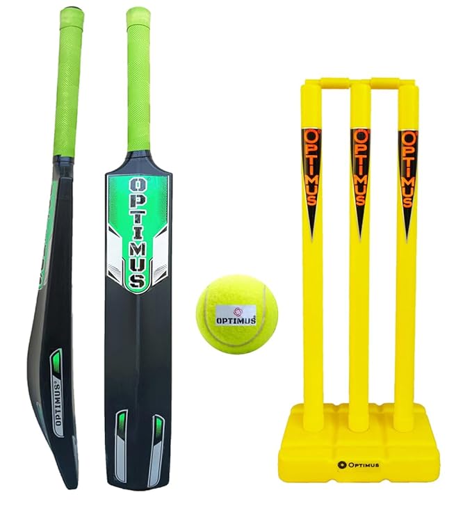 Optimus® Cricket Kit Combo Set - 1 Plastic Bat 5 No. - 7 to 8 Yrs Age, 1 Cricket Tennis Ball, 24 Inch Plastic Stump Set 3 Pcs 2 Bails with Base - Green Alpha B