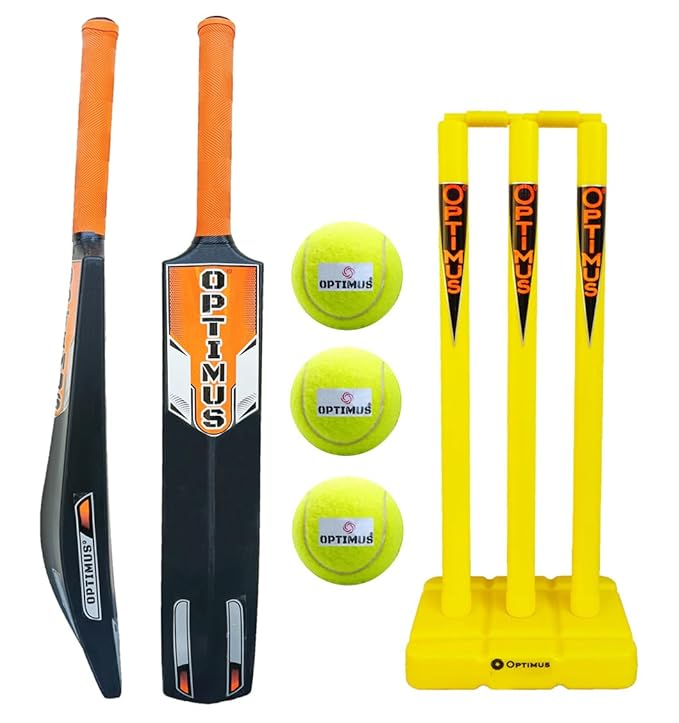 Optimus® Cricket Kit Combo Set - 1 Plastic Bat 9 No. - 15 Yrs & Above Age, 3 Cricket Tennis Ball, 30 Inch Plastic Stump Set 3 Pcs 2 Bails with Base - Orange Alpha B