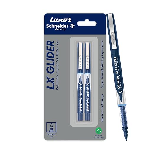 Luxor Schneider, LX Glider Pens, Pack of 2, Ink- Blue, Hybrid Tip, Refillable, Liquid Ink Roller Pen, Smooth Glide, Perfect for Professionals