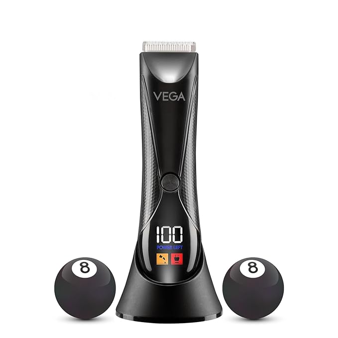 Vega Cleanball Body Trimmer for Men, Multi-Purpose Beard, Body, Pubic Hair Grooming, Private Part Shaving, Waterproof, 90 Min Runtime with LED Flashlight, 4 Comb Attachments, Shower Friendly, (VHTH-33)