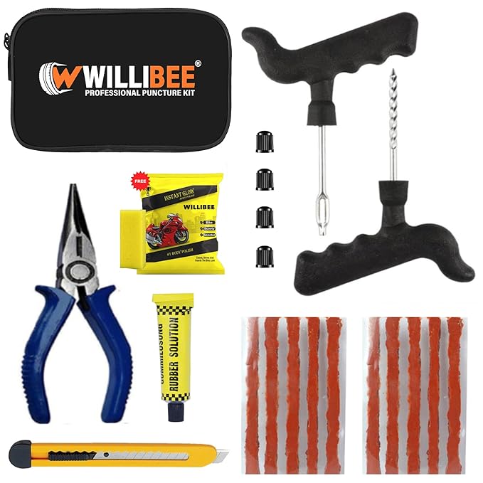 WILLIBEE 11-in-1 (Pack of 10 Strips) Tubeless Tyre Puncture Repair Kit for Car & Bike | Heavy-Duty Puncher Kit (Includes Storage Bag)