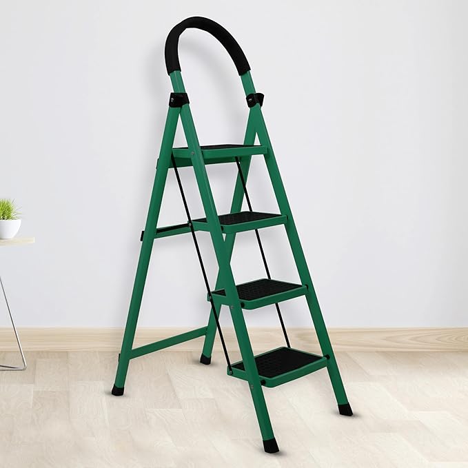 Plantex Cheston Premium GI Steel Foldable 4 Step Ladder for Home/Wide Anti Slip Steps (Green & Black)