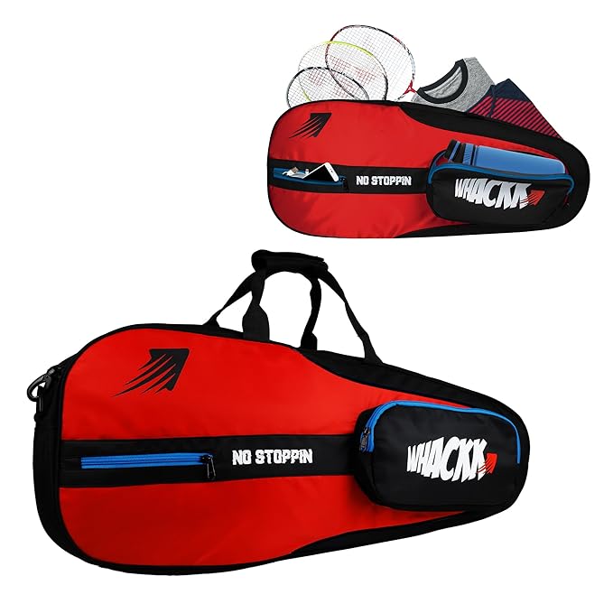 WHACKK Drive|Unisex Lightwieght Tennis Badminton Squash Shuttle Equipment Kit Bag Cover |Spacious Compartments | Sports Bag |Carry as Backpack & Duffel |Ten-6 Badminton-8 (Red Black)