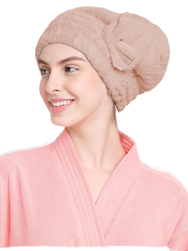 Cortina Microfiber Hair Towel Cap, Soft Absorbent Quick Drying Cap for Curly Thick Hair, Wrap Cap for Women Girls-Pack of 1,Light Brown, 380 Tc