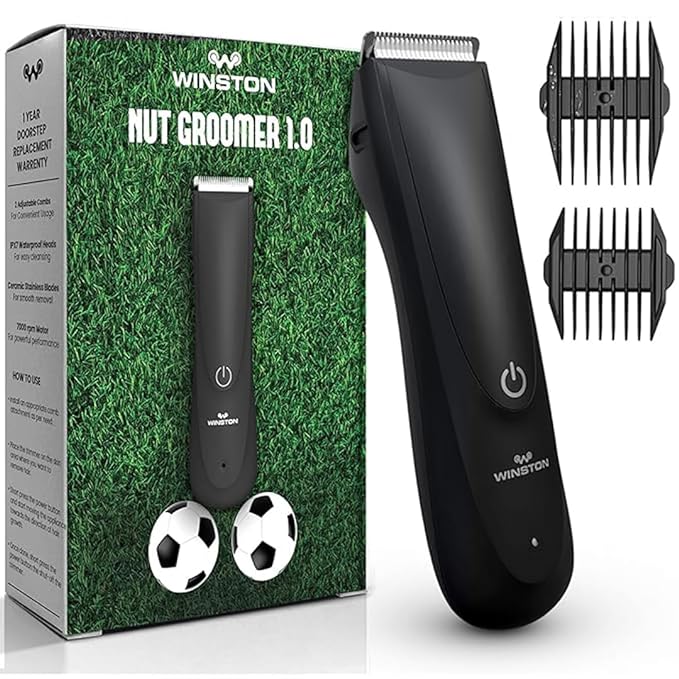 WINSTON Nut Groomer 1.0 | 1 Year Warranty | Rechargeable, Trimmer Men, Body Trimmer Men, Balls Trimmer for Men, Trimmer for Man, Waterproof with 90min Run Time & 2 Adjustable Combs (Ultimate Black)