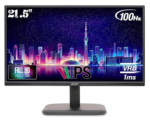 Acer EK220Q Ebi 21.5 Inch IPS Full HD (1920x1080) Backlit LED LCD Monitor I 1 MS VRB, 100Hz Refresh I 250 Nits I 99% SRGB I HDMI & VGA Ports with HDMI Cable I AMD Free Sync I Eye Care Features (Black)