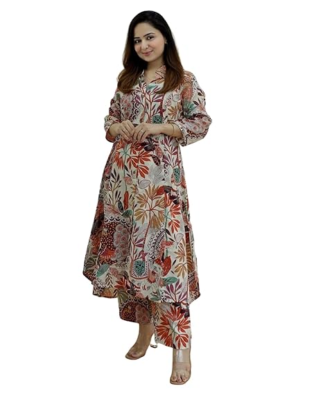 Leriya Fashion Anarkali Kurta-Set for Women  -  Viscose Rayon Printed Kurta & Straight Pant | Festive Ethnic Indian Traditional Outfit for Functions & Puja