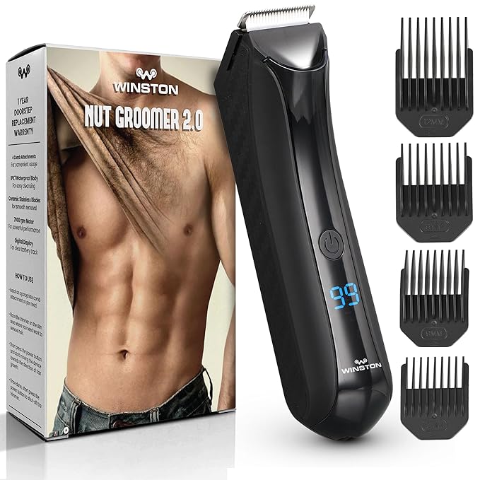 WINSTON Nut Groomer 2.0 | 1 Year Warranty | Rechargeable, Trimmer Men, Body Trimmer Men, Balls Trimmer for Men, Trimmer for Man, Waterproof with LED Display,120min Run Time & 4 Combs (Premium Black)