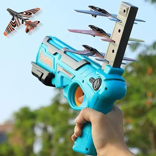 VGRASSP Air Battle Gun Toy with 4 Paper Foam Glider Planes Kids Gadget for Fun Outdoor Sports Activity Catapult Pistol with Continuous Shooting Flyers - Multicolor(Color As Per Stock)