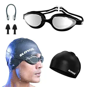 Slovic Swimming Kit | Swimming Goggles & Swimming Cap with Ear Plug, Nose Clip | Stylish Pool Cap for Long Hair | UV Protection | Anti Fog | Free Size Swim Cap | Black Combo