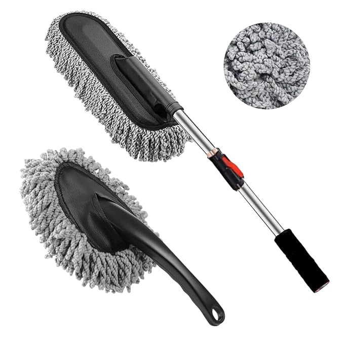 2 Pcs Microfiber Car Duster with Handle for Car Interior Cleaning Brush Mop Duster for Car Cleaning Brush with Handle Wet and Dry Car Washing Brush Ideal Car Accessories for Exterior (Combo)