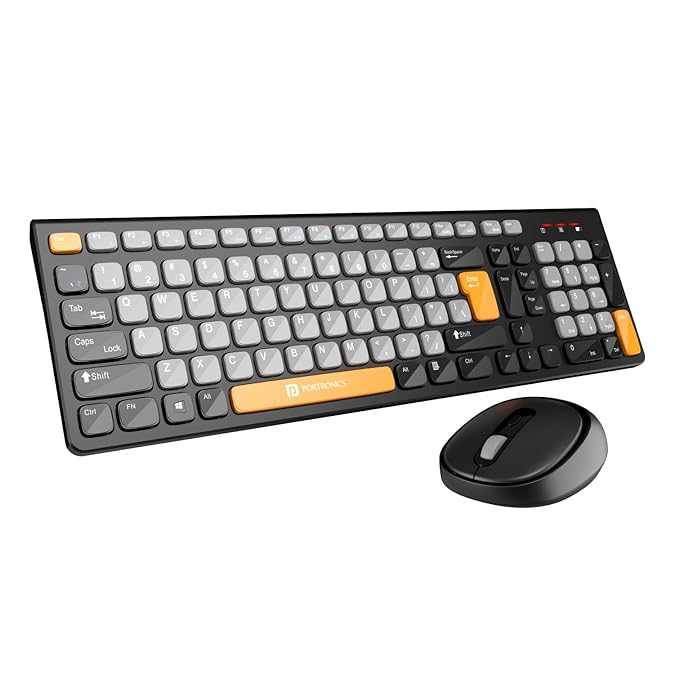 Portronics Key7 Combo Wireless Keyboard & Mouse Set with Copilot AI, 2.4 GHz USB Receiver, 10m Range, 12 Shortcut Keys, Adjustable DPI (Up to 1600), 10M Key Life for PC, Laptop, Mac(Grey+Orange)