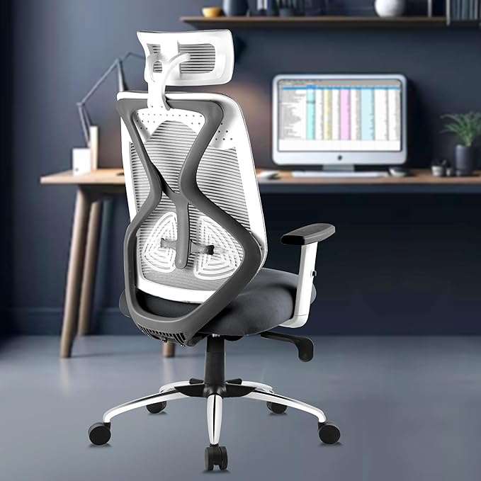 [Apply Coupon] - ASTRIDE Ergofit Ergonomic Office Chair for Home | 3-Years Warranty | 2D Headrest, Adjustable Arms & Lumbar Support | Tilt Lock Mechanism [Heavy Duty Chromium Metal Base, Grey-White]