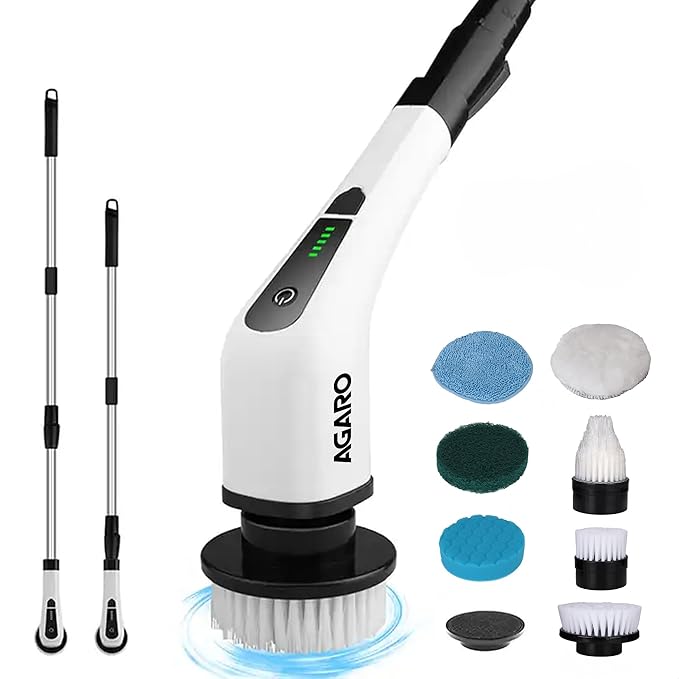 AGARO Royal Electric Spin Scrubber,Cleaning Brush Scrubber for Home, 300RPM/Mins-8 Replaceable Brush Heads-90Mins Work Time,3 Adjustable Size,2 Adjustable Speeds for Bathroom Shower Bathtub Car, White
