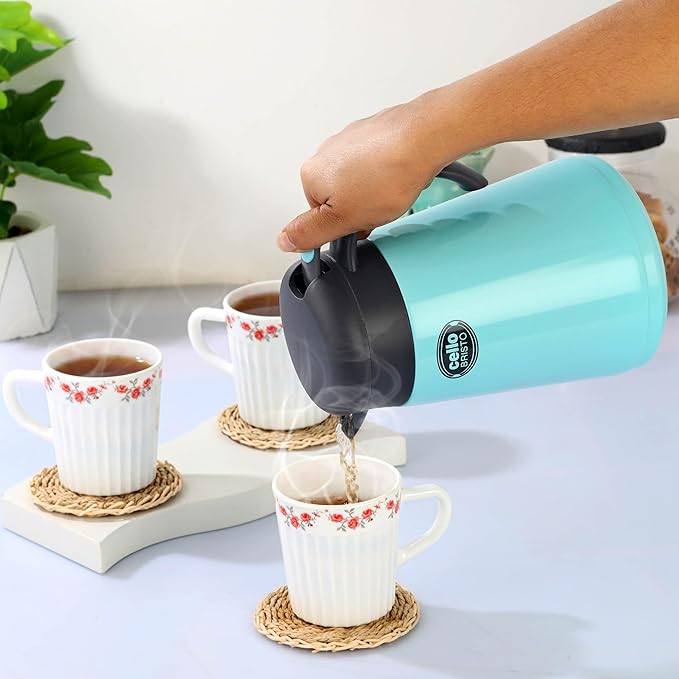 Cello Bristo Vacusteel Carafe | Hot and Cold Carafe | Double Walled Vaccum Insulation Tea/Coffee Pot | Great for Serving Coffee, Tea, or Other Beverages | 1250ml, Blue