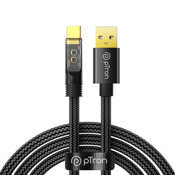 pTron Solero 65W USB to Type-C Super Fast Charging USB Cable Compatible with Samsung,OnePlus,Oppo,Vivo,Xiaomi,Realme & Other Type-C Devices, Unbreakable Nylon Braid, 480Mbps Data Sync Speed (1M,Black)