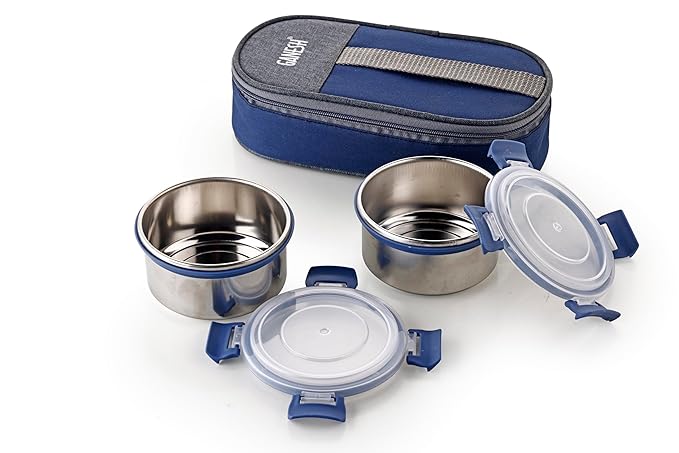 Ganesh Stainless Steel Neo Twin Airtight & Leak Proof Container Lunch Box with Bag 400 ML, Silver