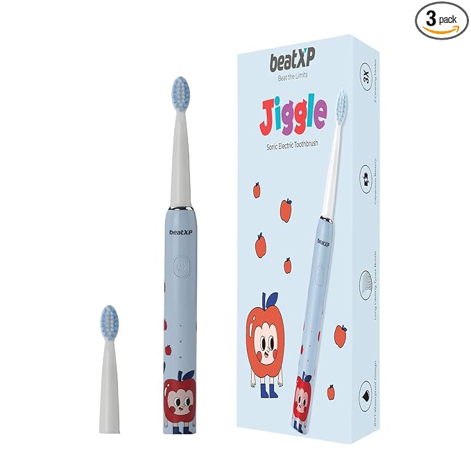 beatXP Jiggle Sonic Electric Toothbrush for Kids with 2 Brush Heads & 3 Cleaning Modes | Rechargeable Electric Toothbrush | 20500 strokes/min with Long Battery Life (Snoozy Blue)