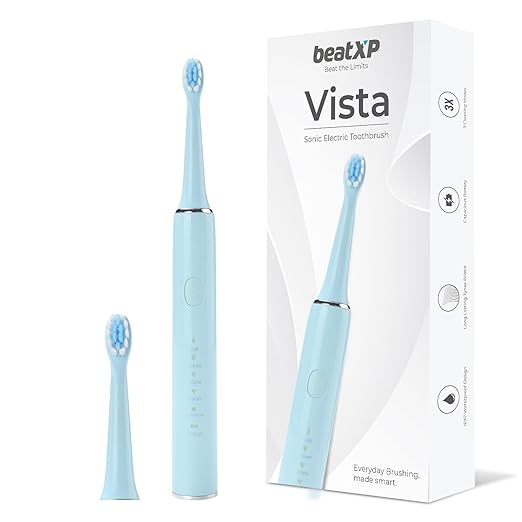 beatXP Vista Sonic Electric Toothbrush for Adults with 2 Brush Heads & 5 Cleaning Modes | Rechargeable Electric Toothbrush | 30000 strokes/min with Long Battery Life (Blue)