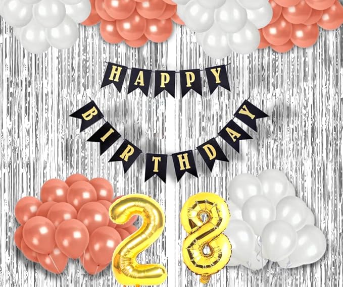 [Size: 28th Birthday] - 28th Birthday Decoration items for Girls with Rose Gold and White Balloons, Black Happy Birthday Banner, Silver Foil Curtain, Foil Balloon number 28
