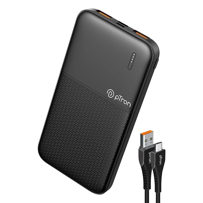 pTron Dynamo 10000mAh 22.5W Power Bank, 20W PD Fast Charging, 3 Output Ports, 2 Input Ports Type-C/PD & Micro USB, Made in India, Li-Polymer Battery & Multiple Layers of Protection (Jet Black)