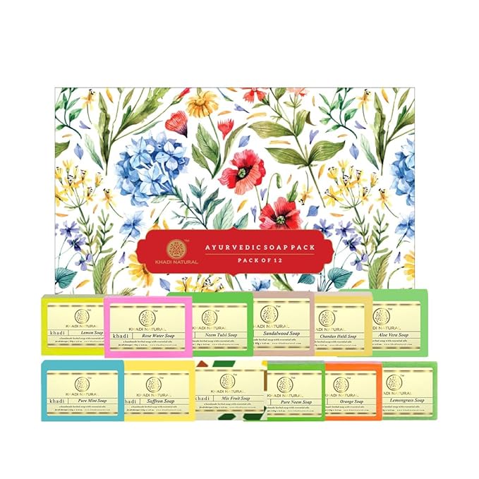 Khadi Natural Assorted Soap Kit | Natural Bathing Soap | Handmade Soap with Essential Oils | Moisturizing for Body | Suitable for All Skin Types | Set of 12, (12 x 25 g)