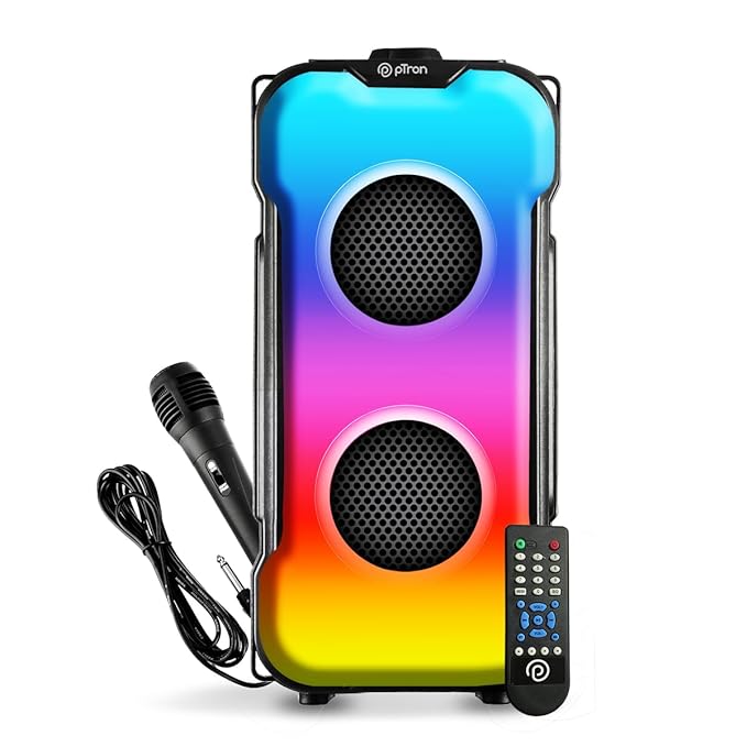 pTron Fusion Party V3 40W Karaoke Bluetooth Party Speaker with Immersive Sound, 3 mtr Wired Mic, Dual Drivers, RGB Lights, USB/SD Card/Aux Playback, Auto TWS Function & Remote Control (Jade Black)