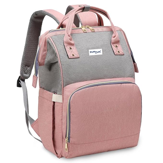 Bumtum Baby Diaper Bag for Mothers | Spacious Waterproof Backpack with Multiple Pockets to Easily Organise Baby Essentials Diaper Backpack Pink & Grey