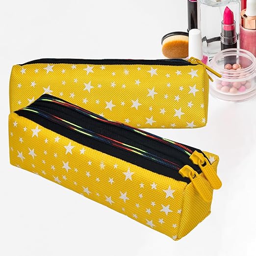 Kuber Industries Makeup Pouch | Rexine Cosmetic Pouch | Jewellery Utility Pouch | Toiletry Pouch for Girls | Travel Makeup Pouch for Girls | Storage Makeup Bag | Star Makeup Pouch | Pack of 2 | Yellow