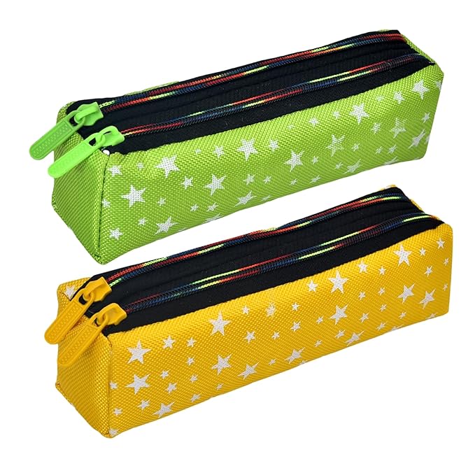 Kuber Industries Pencil Pouch | Rexine Stationary Pouch |Pencil Utility Pouch |School Pencil Case for Kids | Pen-Pencil Box for Kids | 2 Zipper Pencil Organizer | Star Pencil Pouch | Pack of 2 | Multi