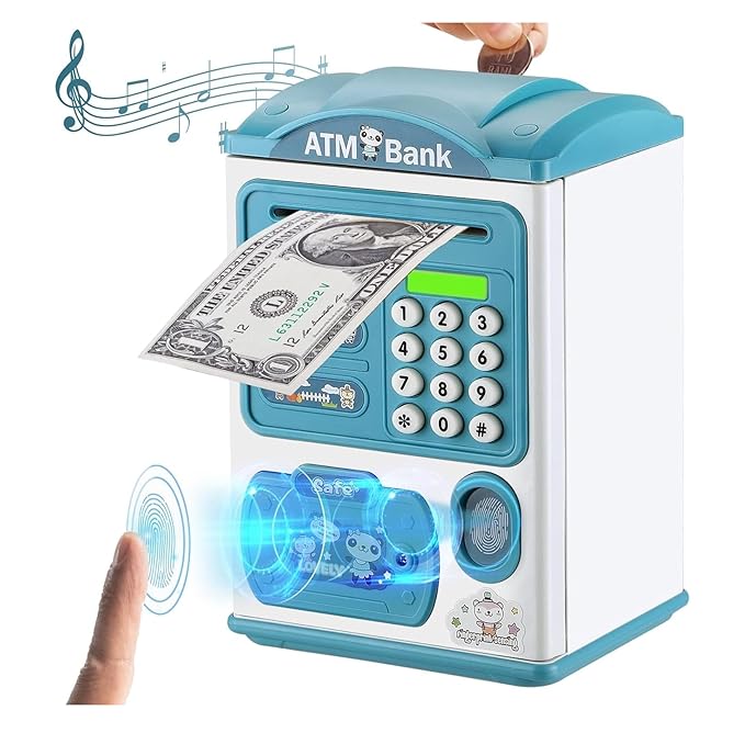 BAREPEPE Electric Atm Piggy Bank For Kids With Password Protection And Finger Sensor, Auto Roll Money Notes - Blue, Modern