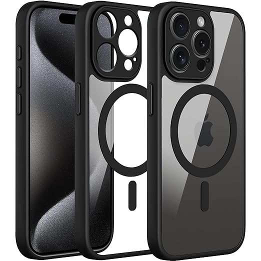 [Apply Coupon] - Amozo Mag-Safe Case for iPhone 15 Pro Max Cover | Transparent Ultra Hybrid Drop and Full Camera Protection Back Cover Case Compatible for iPhone 15 Pro Max (Polycarbonate) (Black)