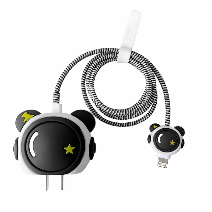 Prolet Cable Protector with 3D Cute Pattern for iPhone Charger only 18W & 20W, Data Line Wire Saver Charging Cable Charger Protective Cable,Full Protection Cover 4 in 1-Black Astronaut