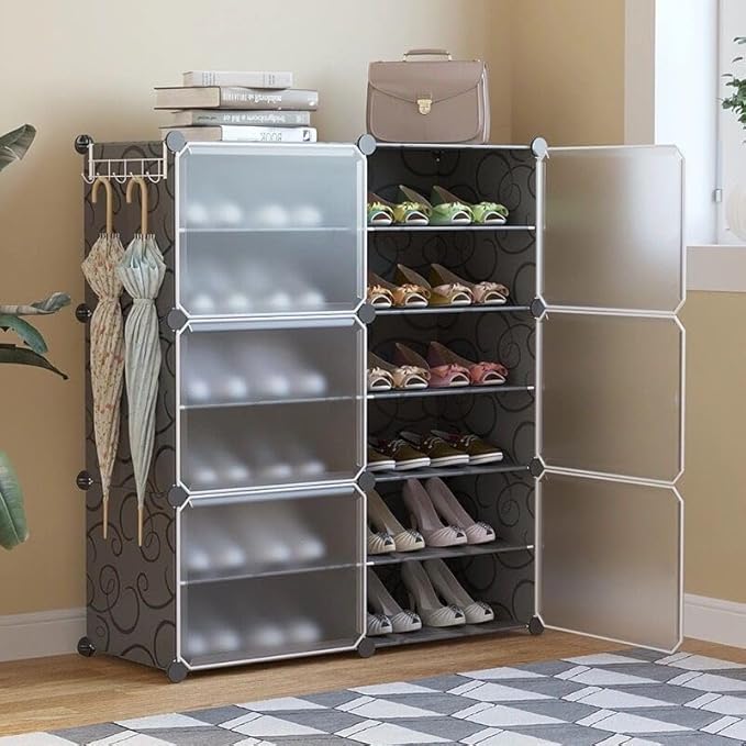WeCool SR-B12 Upgraded Shoe Rack for Home Plastic, Portable Shoe Rack with Dustproof Door for Heels/Slippers/Boots, 12-Layer Shoe Storage Cabinet with Hooks for Entryway or Bedroom - Black