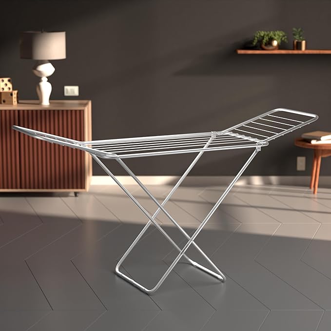 Amazon basics Premium Cloth Iron & Plastic Drying Stand - 3 Way Folding | 42 Feet Drying Length |Total 20 Drying Rails (Silver)
