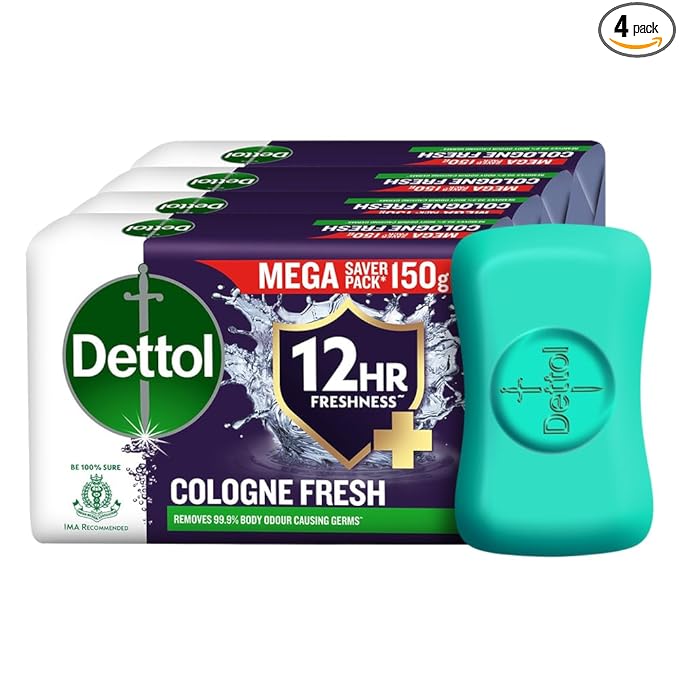 Dettol Cologne Fresh Bathing Soap Bar with 12hr Freshness 150g Pack of 4, (600gm)