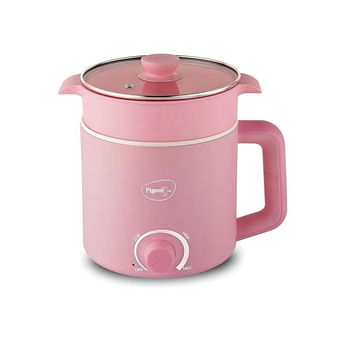 Pigeon by Stovekraft Swift Plus Multi-Cook Kettle 1.5L, with Steamer, Egg Rack - Pink | Black | Double Layered | Food Grade Stainless Steel Inner wall | Glass Lid | Auto Shut-off