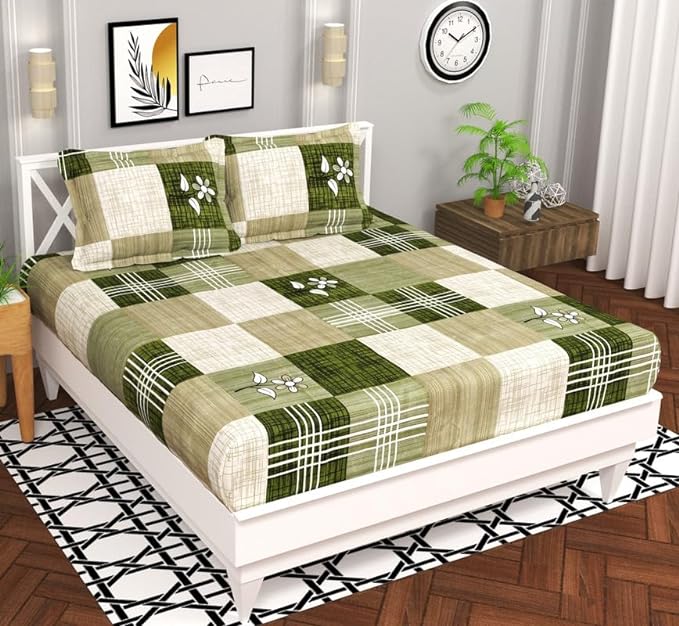 BSB HOME Microfiber 144 TC Aspire 2.O Collections Soft Breathable Wrinklefree Texture Floral Cheks Printed Double Bedsheets with 2 Regular Size Pillow Covers, Color Light Green and White