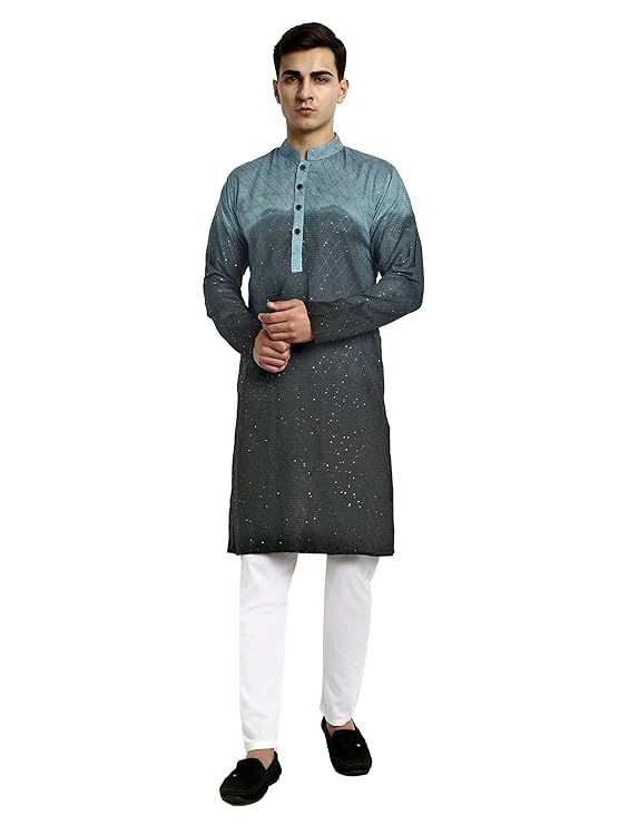 Vardha Men's Cotton Chikankari Embroidered and Sequence Full Sleeve Knee Length Casual Kurta for All Occations Like Wedding, Office & Events (MK34_MK39)