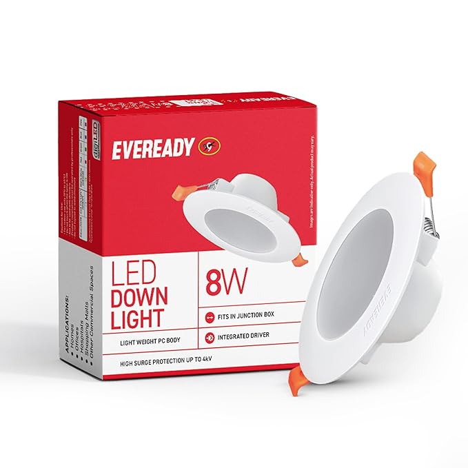 EVEREADY 8-Watts LED Downlighter Plastic Body| Round Shape Cool Day White| High Efficiency 75 lm/W | 4KV Surge Protection | Lightweight | Integrated Driver | 600 Lumens | 75mm Cut Size | Pack of 1