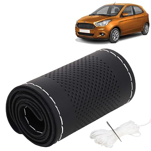 [Size: Figo (2014-2021) Ford Compatible] - KINGSWAY® PU Leatherite Car Steering Cover Sewable Compatible with Ford Figo (Year 2014-2021), Black Color with Silver Thread, Pack of 1 with Sewing Needle and Thread