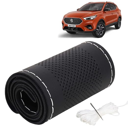 [Size: Astor (2021 Onward) Morris Garages (MG) Compatible] - KINGSWAY® PU Leatherite Car Steering Cover Sewable Compatible with Morris Garages (MG) Astor (Year 2021 Onwards), Black Color with Silver Thread, Pack of 1 with Sewing Needle and Thread