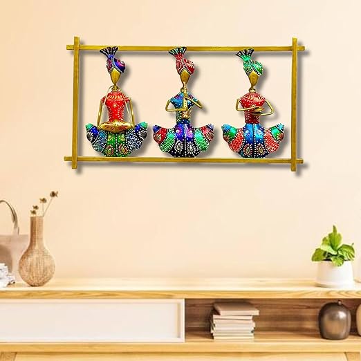 RSN Decorative Metal Handpainted Rustic Iron Wall Hanging of 3 Rajasthani Musician Art Sculpture for Home Office Wall Decor/Wall Hanging (19 x 10.5 Inches)