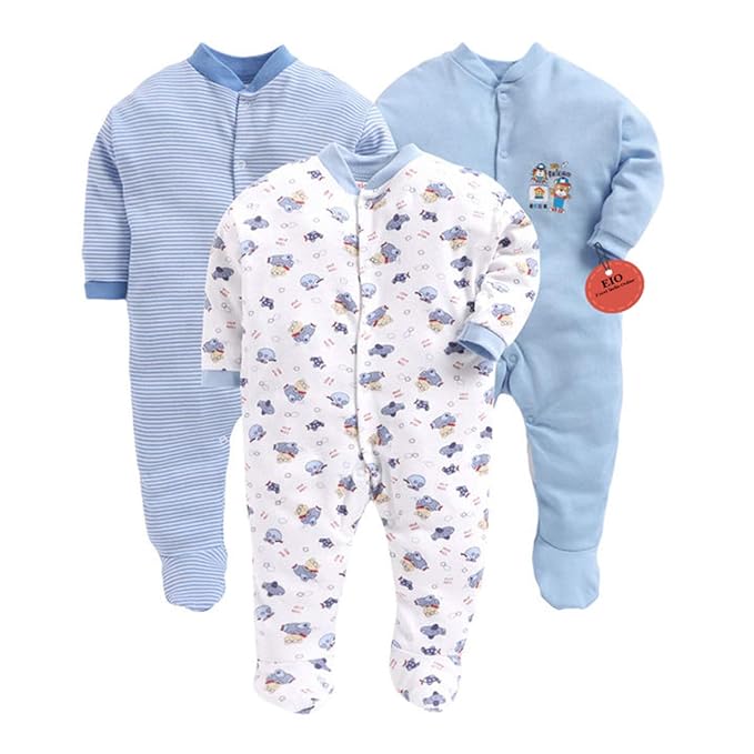 [Size: 0 Months-3 Months] - EIO® 100% Cotton Rompers Sleepsuits Jumpsuit Night Suits for Infants Newborn Baby Boys & Girls Pack of 3