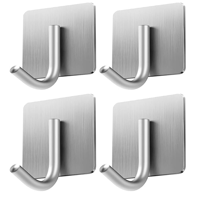 Boniry 4 Pack Wall Adhesive Hooks, Waterproof Stainless Steel Wall Hook,Best Use Kitchen and Bathroom, self Adhesive Hooks Heavy Duty for Towel and Kitchen Accessories Item (Under j Hook Silver)
