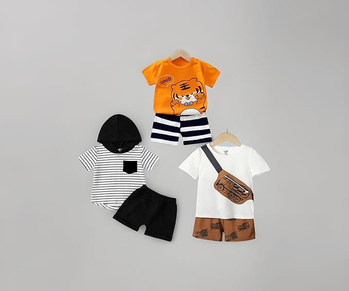 Lofn Unisex-Child Cotton Clothing Sets for Baby Boys & Baby Girls Printed Kids Clothing Sets - Unisex Clothing sets Half sleeve T-Shirt & Shorts Pack Of 3 (T84OR-T70WH-18-T83CP)