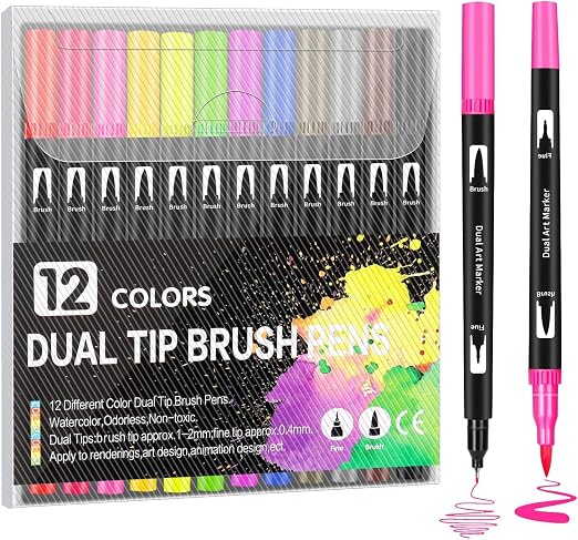 Corslet 12 Pcs Dual Tip Brush Pens Felt Tip Pen Set 12 Colors, Colouring Pens Art Markers for Kids and Adults, Colouring Book, Art Supplies Fineliner Tip Brush Marker for Drawing Sketching