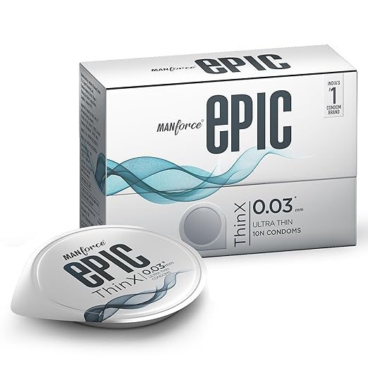 Manforce Epic Thinx Ultra Thin Condoms for Men - 10 count| 0.03mm| Vegan| No Harsh Chemicals| Easy peel pack with disposable pouch