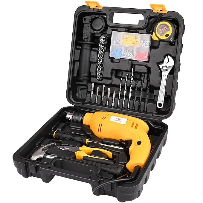 Asian Paints Corded Electric Professional Impact Drill Tool Kit,550 Watts,2900 Rpm,Chuck 13Mm Machine Variable Speed,Forward/Reverse Rotation,Double Insulation,Improved Carbon Brush(88 Pcs),Yellow