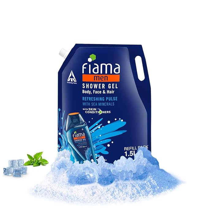Fiama Men Body Wash Shower Gel Refreshing Pulse, 1.5L Body Wash Refill Pack for Men with Skin Conditioners & Sea Minerals for Moisturized Skin, Skin Friendly pH, For All Skin Types